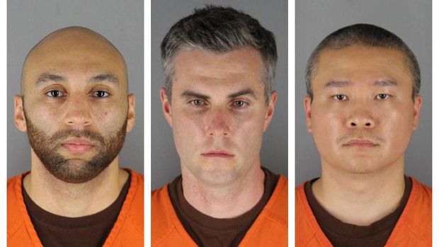 This combination of photos provided by the Hennepin County Sheriff's Office in Minnesota on Wednesday, June 3, 2020, shows J. Alexander Kueng, from left, Thomas Lane and Tou Thao. They have been charged with aiding and abetting Derek Chauvin, who is charged with second-degree murder of George Floyd, a black man who died after being restrained by the Minneapolis police officers on May 25. (Hennepin County Sheriff's Office via AP)