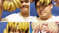 Cosplay jadi Sailor Moon, Cha gunakan pisang yang ia bentuk agar mirip seperti rambut kuning Sailor Moon. Hasilnya tentu saja bikin ngakak. Foto: Instagaram @lowcost_cosplay