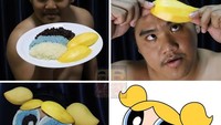 Nasi ketan penuh warna dengan irisan buah mangga segar jadi cosplay favorit Cha saat berubah menjadi karakter Bubbles di The Powerpuff Girls. Foto: Instagaram @lowcost_cosplay