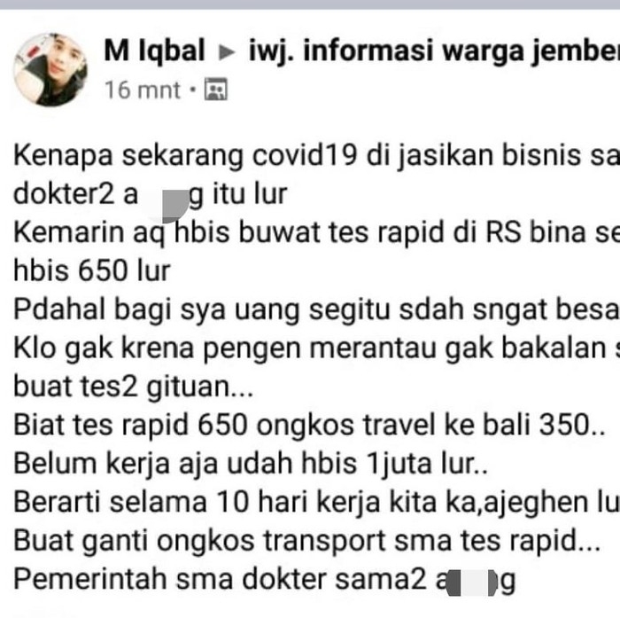 Ikatan Dokter Indonesia (IDI) Jember melaporkan sebuah akun Facebook karena dinilai telah menyebarkan fitnah dan ujaran kebencian. Pemilik akun tersebut mem-posting narasi bahwa wabah Corona menjadi lahan bisnis dokter.