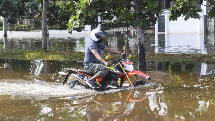 Banjir rob merendam perumahan di kawasan Penjaringan, Jakarta. Hal itu terjadi diduga akibat tanggul yang jebol saat naiknya permukaan air laut.