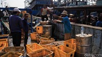 Nelayan melakukan bongkar muat kapal ikan di kawasan Muara Angke, Jakarta Utara.