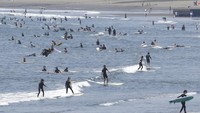 Sejumlah pengunjung tampak asyik berselancar di Pantai Katase-kaigan yang berada di Fujisawa, Prefektur Kanagawa, Jepang, Senin (8/2/2020).