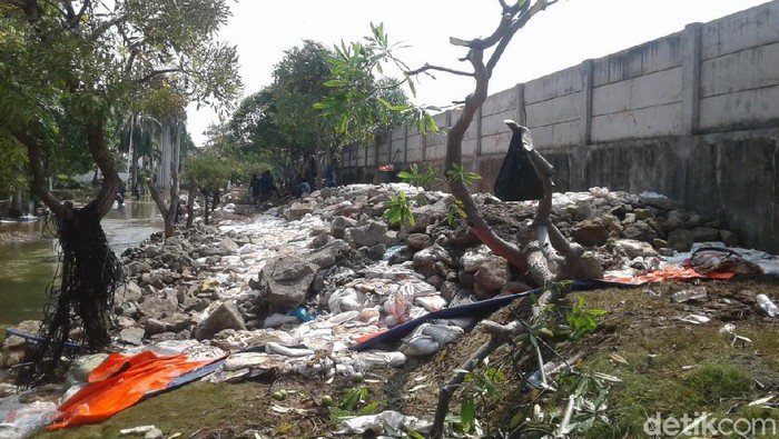 Pembersihan tanggul di Kompleks Pantai Mutiara (Muhammad Ilman Nafian/detikcom)