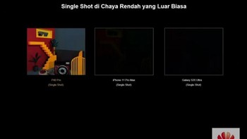 Huawei dengan pede menyandingkan hasil single shot di cahaya rendah P40 Pro Plus dengan iPhone 11 Pro Max dan Samsung Galaxy S20 Ultra. Foto: YouTube Huawei Mobile Indonesia