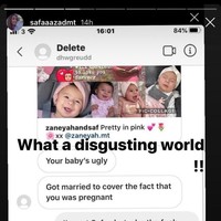 Tak berhenti di situ, si hater juga menyebut Safaa hamil di luar pernikahan. Kamu hanya menikah untuk menutupi fakta bahwa dirimu hamil, katanya. Ia bahkan mendoakan anak Safaa meninggal dengan cara yang mengenaskan. Benar-benar dunia yang menjijikan, tulis Safaa di foto tersebut. (Foto: Instagram/@safaaazadmt)