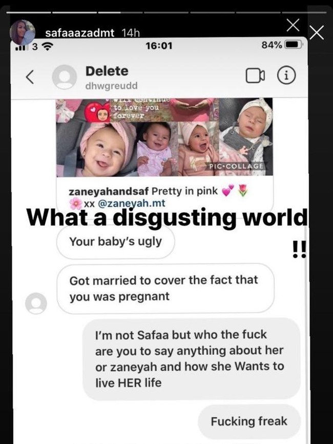 Tak berhenti di situ, si hater juga menyebut Safaa hamil di luar pernikahan. Kamu hanya menikah untuk menutupi fakta bahwa dirimu hamil, katanya. Ia bahkan mendoakan anak Safaa meninggal dengan cara yang mengenaskan. Benar-benar dunia yang menjijikan, tulis Safaa di foto tersebut. (Foto: Instagram/@safaaazadmt)