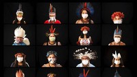 Foto kolase suku-suku di Brasil memakai masker dan pakaian tradisional mereka.
