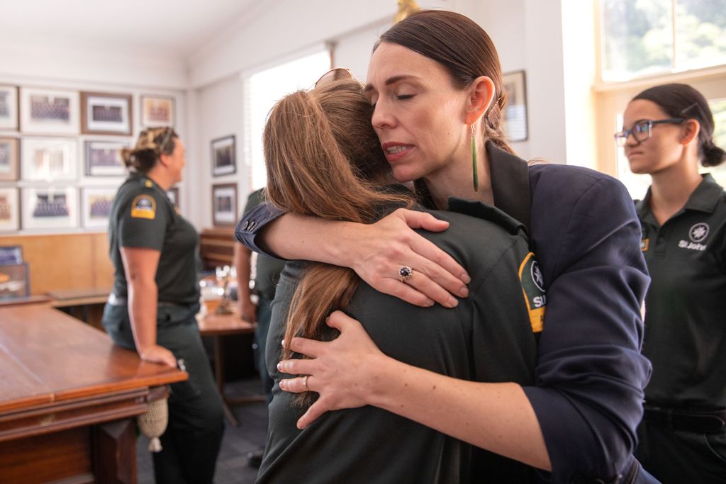 WHAKATANE, NEW ZEALAND - DECEMBER 10: New Zealand Prime Minister Jacinda Ardern meets with first responders at the Whakatane Fire Station on December 10, 2019 in Whakatane, New Zealand. Five people are confirmed dead and several people are missing following a volcanic eruption at White Island on Monday. (Photo by Dom Thomas/Radio NZ - Pool/Getty Images)