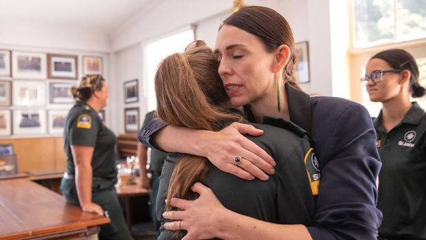 WHAKATANE, NEW ZEALAND - DECEMBER 10: New Zealand Prime Minister Jacinda Ardern meets with first responders at the Whakatane Fire Station on December 10, 2019 in Whakatane, New Zealand. Five people are confirmed dead and several people are missing following a volcanic eruption at White Island on Monday. (Photo by Dom Thomas/Radio NZ - Pool/Getty Images)