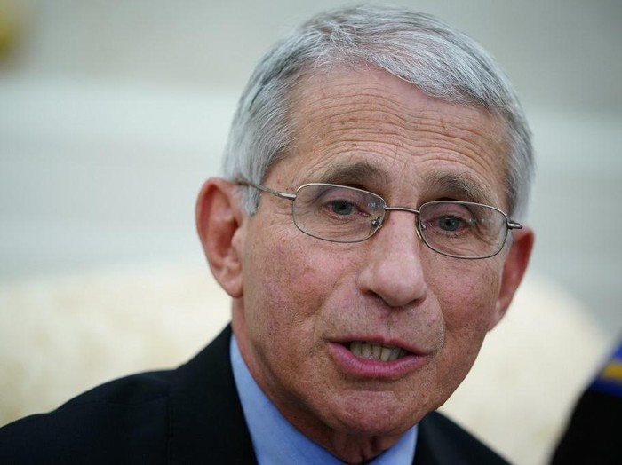 Dr. Anthony Fauci , director of the National Institute of Allergy and Infectious Diseases speaks during a meeting with US President Donald Trump and Louisiana Governor John Bel Edwards D-LA in the Oval Office of the White House in Washington, DC on April 29, 2020. (Photo by MANDEL NGAN / AFP)
