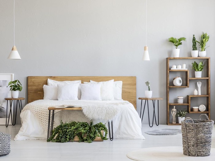 Desain kamar tidur minimalis Pink pillow on grey armchair near bed in girls bedroom interior with green cactus and lights on table