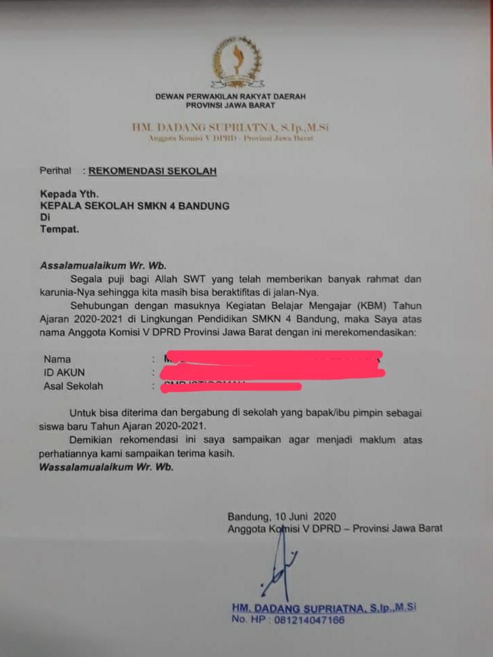 Surat rekomendasi DPRD Jabar