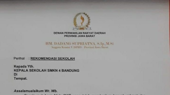 Surat rekomendasi DPRD Jabar