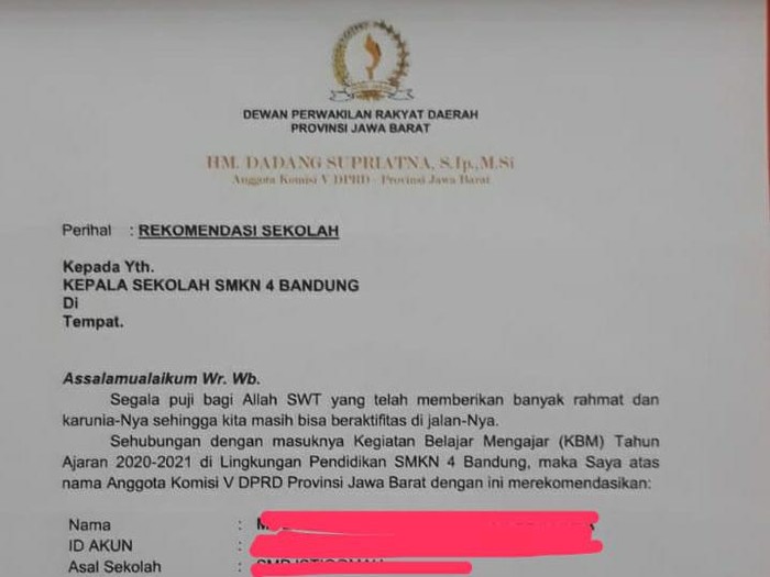 Surat rekomendasi DPRD Jabar
