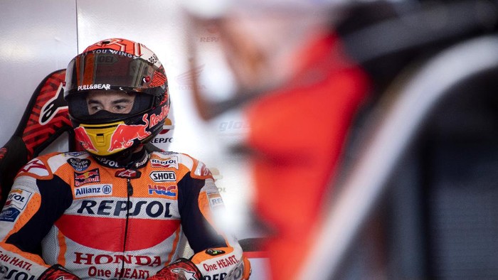 VALENCIA, SPAIN - NOVEMBER 15:  Marc Marquez of Spain and Repsol Honda Team looks on in box during the MotoGP Of Valencia - Free Practice at Ricardo Tormo Circuit on November 15, 2019 in Valencia, Spain. (Photo by Mirco Lazzari gp/Getty Images)