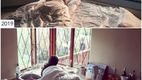 Bergaya seksi di hotel berganti dengan selimutan di dapur. (Sharon Waugh/Instagram)