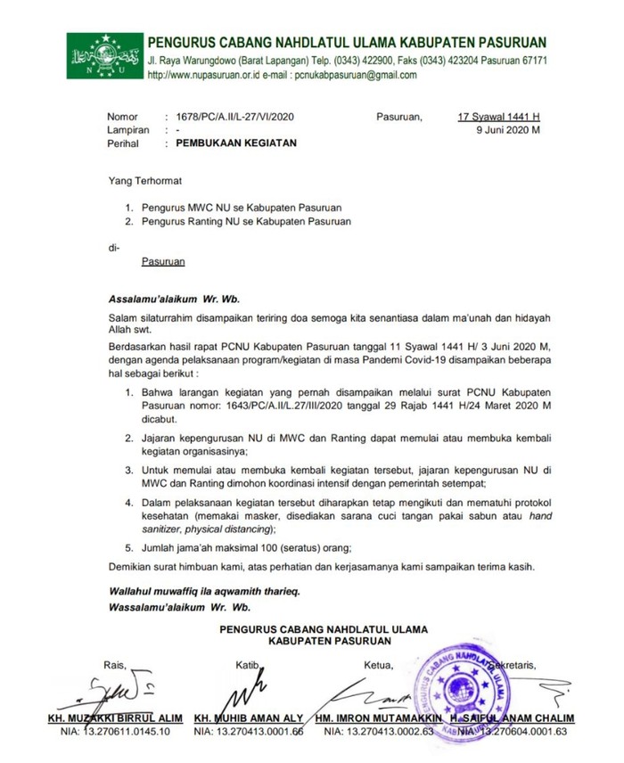 surat pencabutan larangan pengajian dan tahlilan