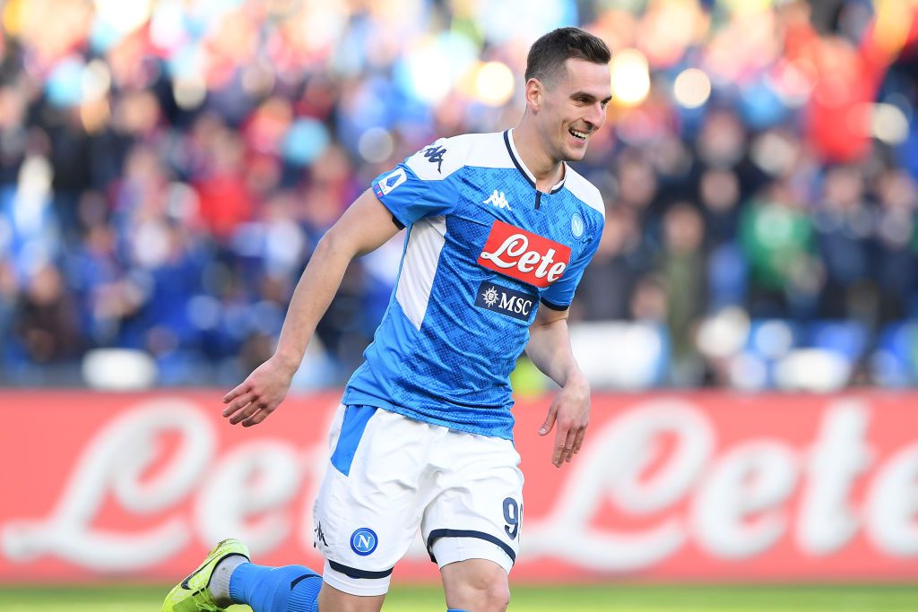 Arkadiusz Milik NAPLES, ITALY - FEBRUARY 09: Arkadiusz Milik of SSC Napoli celebrates after scoring the 1-1 goal during the Serie A match between SSC Napoli and US Lecce at Stadio San Paolo on February 09, 2020 in Naples, Italy. (Photo by Francesco Pecoraro/Getty Images)