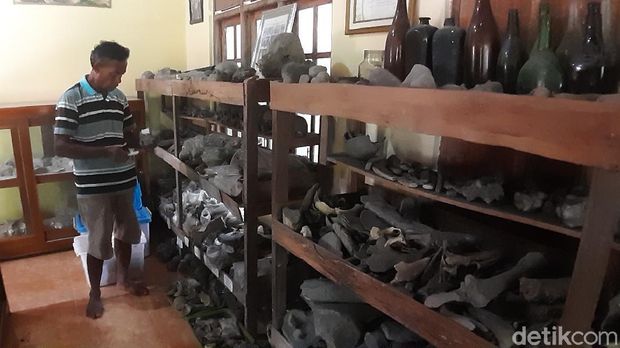 Sudarsono bersama ribuan koleksi fosil purba di rumahnya di Dukuh Ngadirojo, Desa Sambungmacan, Sragen, Selasa (16/6/2020).