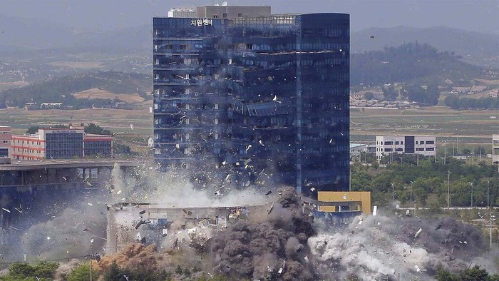 This combination of photos provided by the North Korean government shows the explosion of an inter-Korean liaison office building in Kaesong, North Korea, Tuesday, June 16, 2020. South Korea says that North Korea has exploded the inter-Korean liaison office building just north of the tense Korean border. Independent journalists were not given access to cover the event depicted in this image distributed by the North Korean government. The content of this image is as provided and cannot be independently verified. (Korean Central News Agency/Korea News Service via AP)