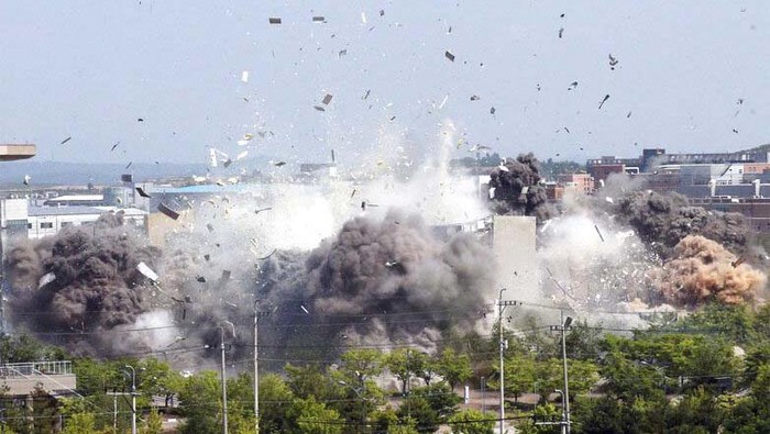 This combination of photos provided by the North Korean government shows the explosion of an inter-Korean liaison office building in Kaesong, North Korea, Tuesday, June 16, 2020. South Korea says that North Korea has exploded the inter-Korean liaison office building just north of the tense Korean border. Independent journalists were not given access to cover the event depicted in this image distributed by the North Korean government. The content of this image is as provided and cannot be independently verified. (Korean Central News Agency/Korea News Service via AP)