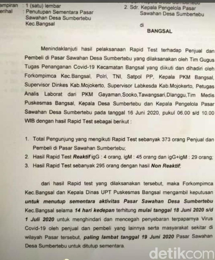 Beredar Hoaks Surat Penutupan Pasar Sawahan di Mojokerto Dampak Corona