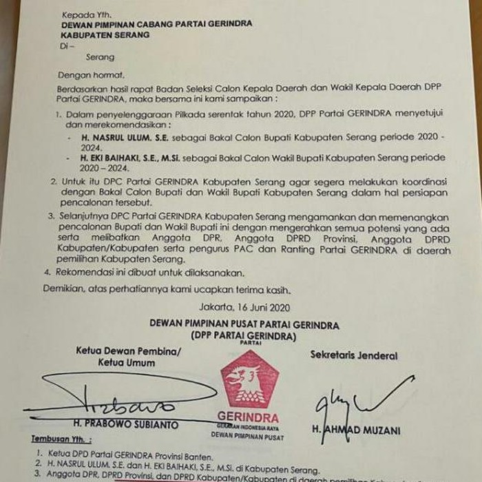 Gerindra Dukung Kader Golkar di Pilkada Kabupaten Serang