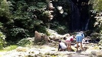 Anak-anak bermain di sekitar air terjun Legok Cibogo, Kebun Raya Cibodas.