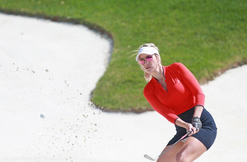 RIDGEDALE, MISSOURI - APRIL 27: Social media personality Paige Spiranac hits from the sand during the second round of the PGA TOUR Champions Bass Pro Shops Legends of Golf at Big Cedar Lodge on April 27, 2019 in Ridgedale, Missouri.   Matt Sullivan/Getty Images/AFP