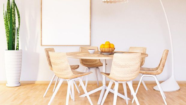 Modern interior cozy kitchen, dining room, white furniture, lamps, wooden table, red wine, glasses. Concept decor, design, advert, credit, mortgage, house for young family, magazine cover