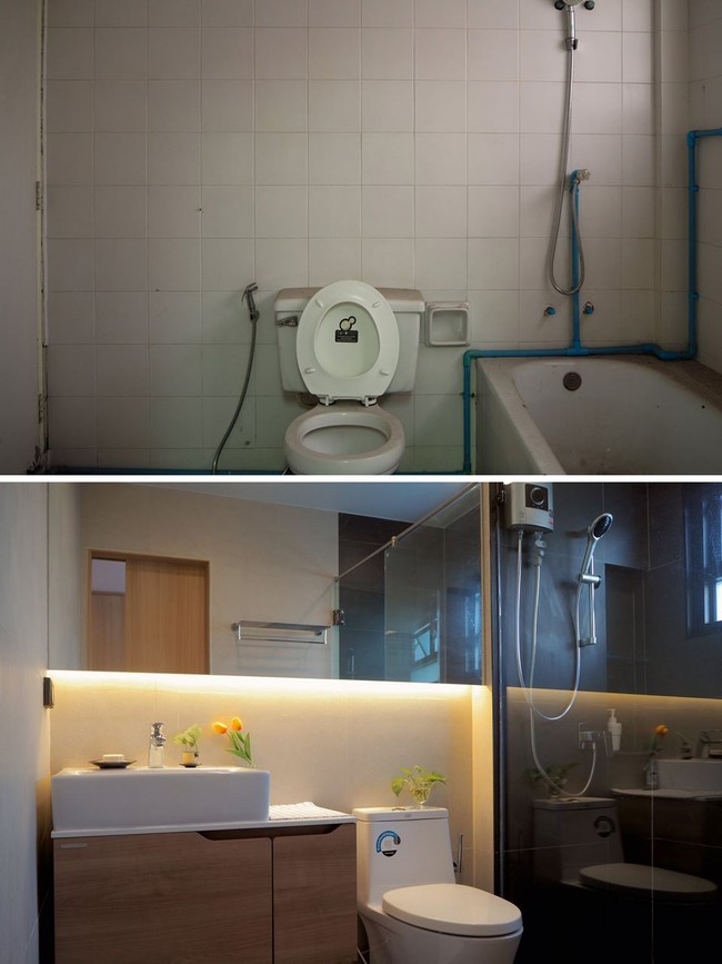 Penampilan kamar mandi utama sebelum dan sesudah renovasi. Bath tub diganti area pancuran dengan desain yang lebih sleek berkat kombinasi aksen kayu dan kaca.  (Foto: Facebook/Peary is Happy)