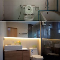 Penampilan kamar mandi utama sebelum dan sesudah renovasi. Bath tub diganti area pancuran dengan desain yang lebih sleek berkat kombinasi aksen kayu dan kaca.  (Foto: Facebook/Peary is Happy)