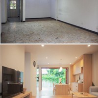 Rumah bergaya minimalis yang didominasi material kayu menjadi konsep pilihan mereka untuk proyek renovasi ini. Area lantai satu yang tadinya tampak monoton dengan tembok serba putih, kini menjadi sebuah ruang keluarga yang menyatu dengan dapur. Material kayu mencipatakan atmosfer yang hangat. (Foto: Facebook/Peary is Happy)