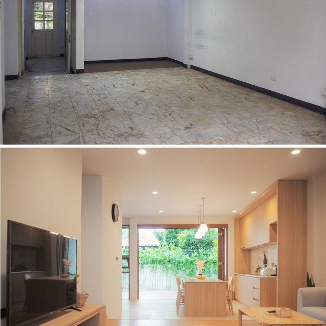 Rumah bergaya minimalis yang didominasi material kayu menjadi konsep pilihan mereka untuk proyek renovasi ini. Area lantai satu yang tadinya tampak monoton dengan tembok serba putih, kini menjadi sebuah ruang keluarga yang menyatu dengan dapur. Material kayu mencipatakan atmosfer yang hangat. (Foto: Facebook/Peary is Happy)