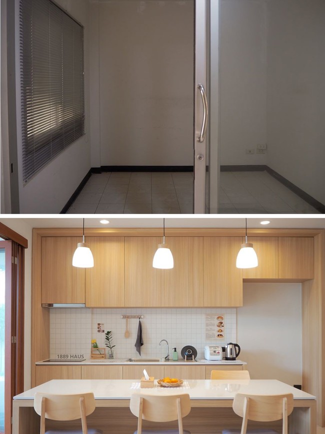 Foto sebelum dan sesudah perenovasian area dapur yang berada di bagian belakang rumah. Sang arsitek, Chayanont Taechahasadin, mengganti jendela dengan pintu yang lebar. (Foto: Facebook/Peary is Happy)