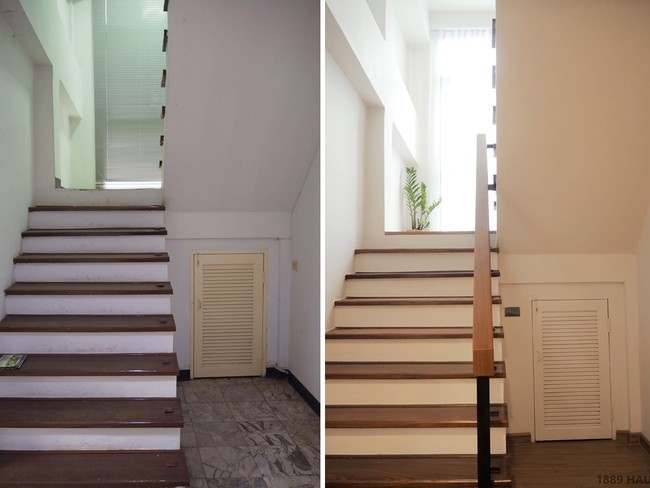 Tangga yang menjadi akses utama ke lantai atas hanya diberi tambahan pegangan dengan aksen kayu. (Foto: Facebook/Peary is Happy)