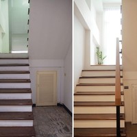 Tangga yang menjadi akses utama ke lantai atas hanya diberi tambahan pegangan dengan aksen kayu. (Foto: Facebook/Peary is Happy)