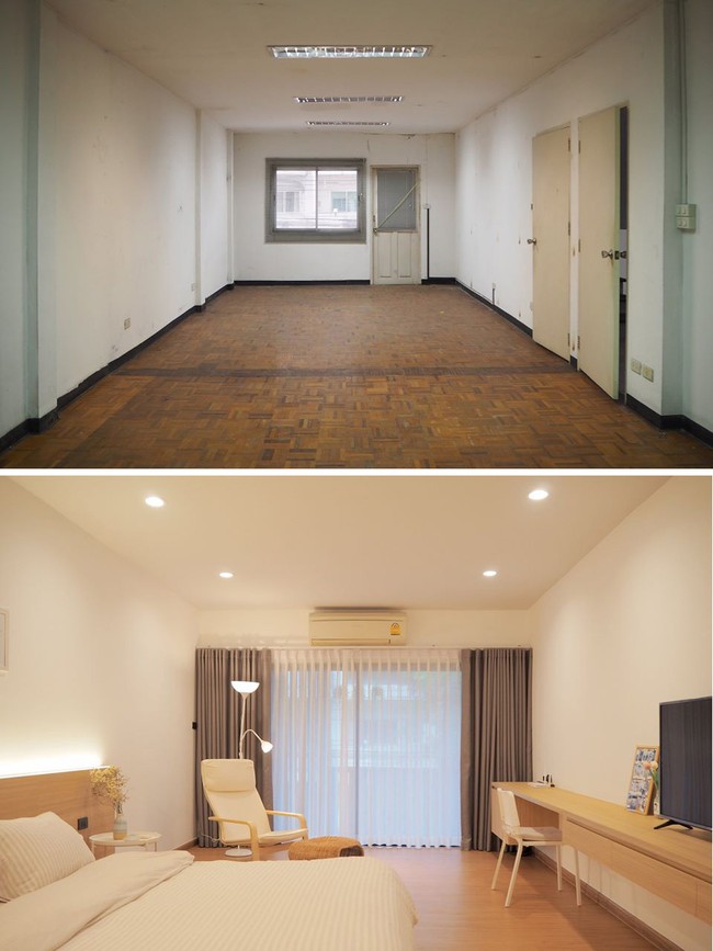 Kamar utama hadir dengan lantai kayu. Meja built-in yang memanjang menambah kesan modern pada ruangan ini. (Foto: Facebook/Peary is Happy)