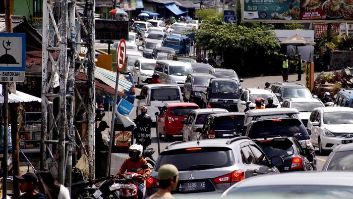 Sejumlah wisatawan melakukan swafoto dengan latar belakang, Masjid Attawun, Puncak, Kabupaten Bogor, Jawa Barat, Sabtu (20/6/2020). Masjid Attawun mulai ramai dikunjungi wisatawan sejak diberlakukan Pembatasan Sosial Berskala Besar (PSBB) proporsional di Kabupaten Bogor. ANTARA FOTO/Yulius Satria Wijaya/aww.