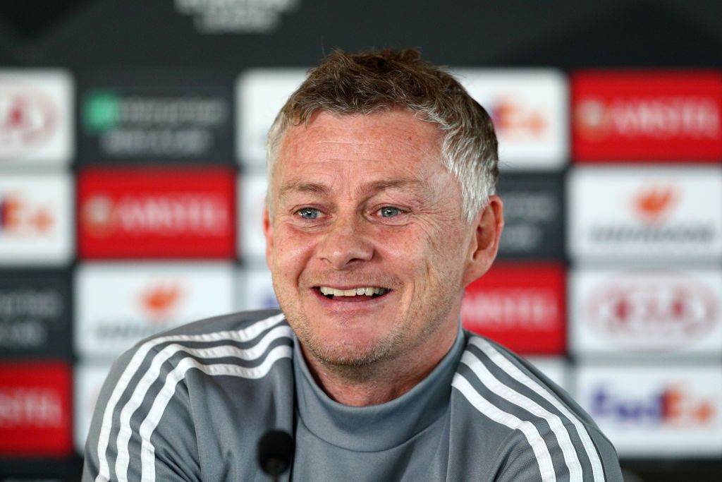 Ole Gunnar Solskjaer MANCHESTER, ENGLAND - FEBRUARY 26: Ole Gunnar Solskjaer, Manager of Manchester United reacts during a press conference ahead of their UEFA Europa League round of 32 second leg match against Club Brugge at Aon Training Complex on February 26, 2020 in Manchester, United Kingdom. (Photo by Jan Kruger/Getty Images)