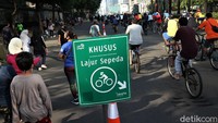 Jalur khusus sepeda terlihat di kawasan Bundaran HI, Jakarta, yang ramai oleh aktivitas warga usai Hari bebas kendaraan bermotor (HBKB) atau yang kerap disebut CFD kembali diberlakukan di kawasan tersebut. 