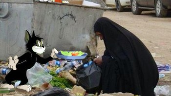 Kucing di film Tom and Jerry menemani seorang ibu yang memungut sampah. Foto: Mokhallad Habib via Boredpanda