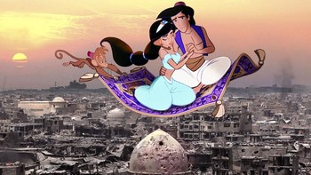 Aladin dan Putri Jasmine terbang dengan karpet terbang di atas puing-puing bangunan.  dan Foto: Mokhallad Habib via Boredpanda