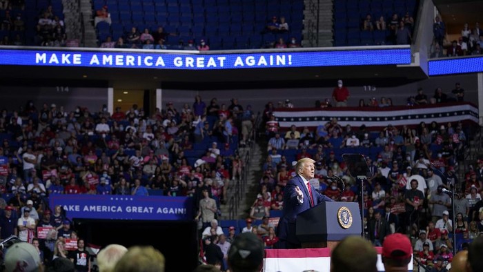 President Donald Trump speaks during a campaign rally at the BOK Center, Saturday, June 20, 2020, in Tulsa, Okla. (AP Photo/Evan Vucci)