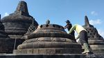 Petugas Bersihkan Abu Merapi dari Candi Borobudur