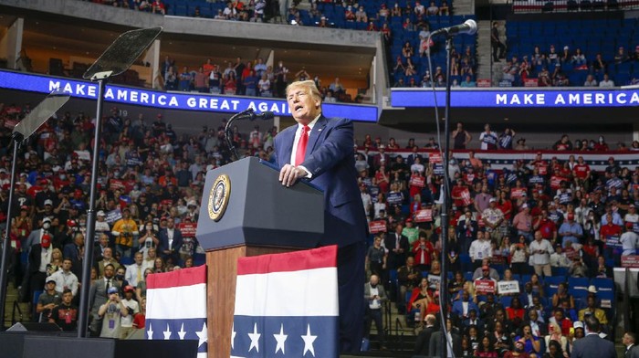 President Donald Trump speaks during his campaign rally at BOK Center in Tulsa, Okla., Saturday, June 20, 2020. (Ian Maule/Tulsa World via AP)