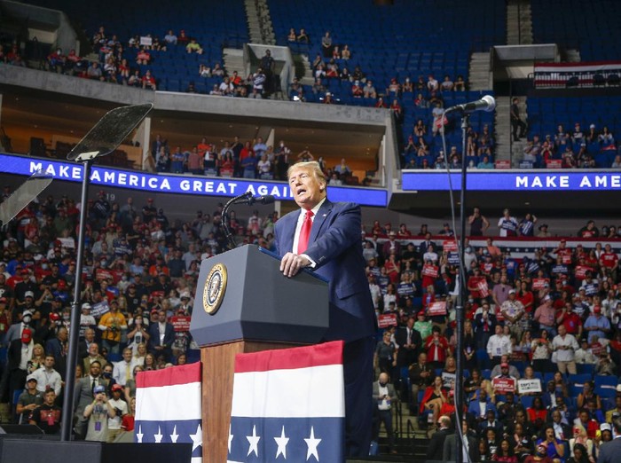 President Donald Trump speaks during his campaign rally at BOK Center in Tulsa, Okla., Saturday, June 20, 2020. (Ian Maule/Tulsa World via AP)