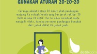 Terapkan aturan 20-20-20. Tiap 20 menut, alihkan pandangan ke objek sejauh 20 kaki selama 20 detik.