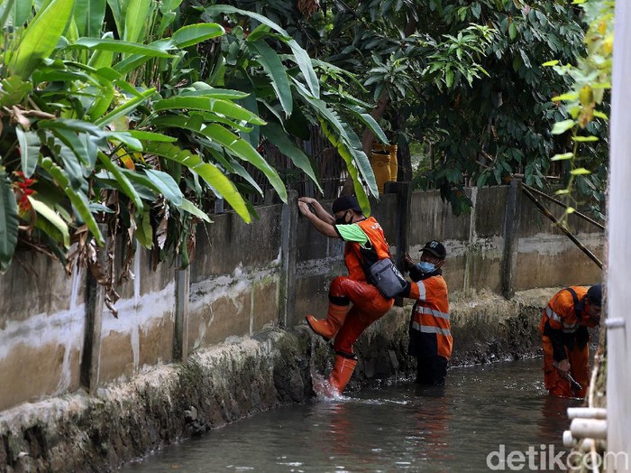 Aksi semangat pasukan oranye, terlihat membersihkan kali di tengah pandemi Covid-19 (Corona), di pemukiman warga di Jalan H. Umaidi, Rawa Bambu, Jakarta, Selasa (23/06/2020). Pasukan oranye atau petugas Penanganan Sarana dan Prasarana (PPSU) tetap melaksanakan rutinitas tugasnya sehari-hari seperti biasa.